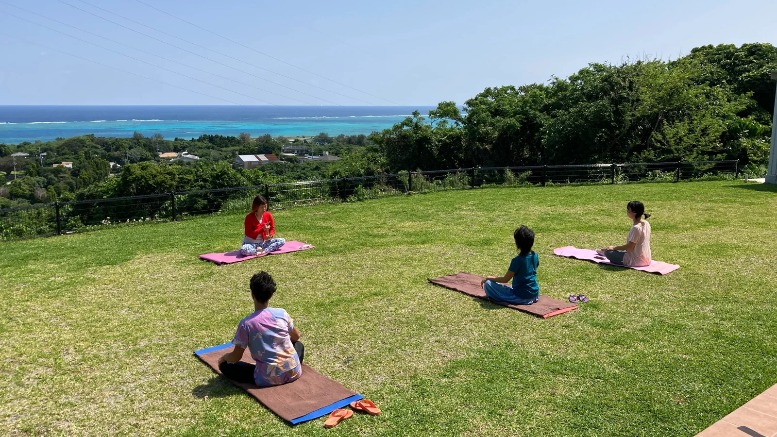 海を望む芝生の庭でヨガを楽しむ人々